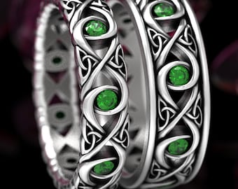 Celtic Emerald Wedding Set, His Her Infinity Wedding Band Set, Sterling Celtic Wedding Ring, Emerald Wedding Band, Infinity Knot 1409 + 1410