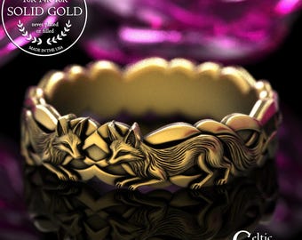 14K Gold Irish Foxes Wedding Ring, Platinum Fox Bride Ring, 18K White Gold Celtic Animal Ring, Gold Lady Fox Jewelry, 2152