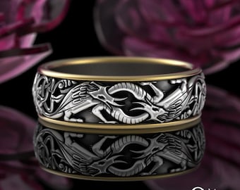 2tone Welsh Mens Dragon Groom Wedding Ring, Sterling & 10K Gold Wyvern Wedding Band, Silver Gold Celtic Knotwork Ring, Viking Dragons, 4038