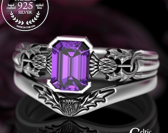 Sterling Thistle Bridal Wedding Ring Set with Emerald-Cut Amethyst, Silver Scottish Engagement & Accent Ring Set, 3200 3361