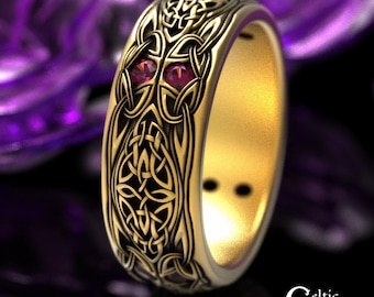 Gold Ruby Knotwork Ring, Mens Gold Celtic Ring, Gold Wedding Band for Men, Ruby & Gold Ring, Platinum Mens Celtic Ring, Ruby Mens Ring, 1804