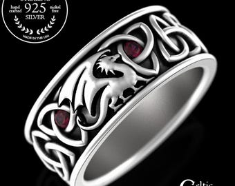 Ruby Norse Dragon Ring, Sterling Mens Irish Dragon Ring, Trinity Knot Dragon Wedding Ring, Men Dragon Wedding Band, Silver Viking Ring, 3053