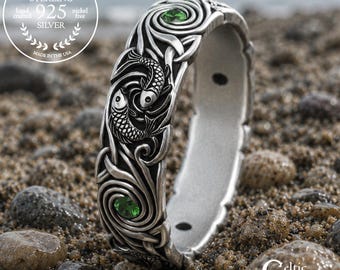 Sterling & Emerald Ocean Waves Ring, Woman's Japanese Fish Wedding Band, Silver Koi Anniversary Ring, Celtic Spiral Jewelry, 2098
