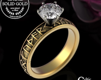 10K Gold Norse Rune Engagement Ring, 14K White Gold Viking Bridal Ring, Futhark Rune Moissanite Wedding Ring, Nordic Bride Diamond, 3228
