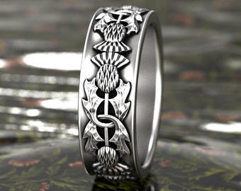Sterling Silver Scottish Thistle Ring, Silver Highland Bloom Wedding Ring, Irish Guardian Flower Handfasting Ring, Sacred Union Ring, 1770