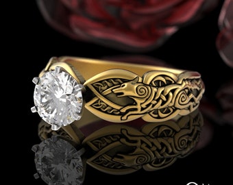 Gold or Platinum Wolf Norse Engagement Ring, Moissanite Viking Wolves Solitaire, Womens Irish Knotwork Wedding Ring, Diamond Scottish, 3177