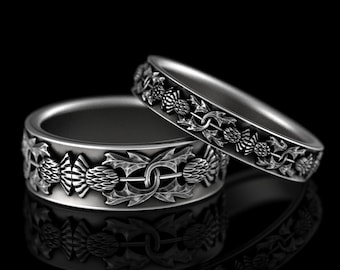 Sterling Silver Royal Thistle Ring Set, His Hers Scottish Handfasting Rings, Highland Bloom Wedding Rings, Sacred Union Ring Set, 1770 1771