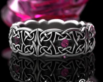 Womens Ruby Knotwork Ring, Sterling Celtic Tribal Ring, Ruby Womens Wedding Band, Ruby Irish Womens Ring, Tribal Scottish Ring, 1822