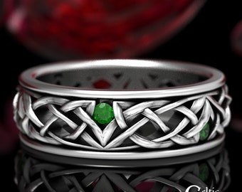 Sterling Silver & Emerald Celtic Wedding Band, Silver and Emerald Handfasting Ring, Men's Irish Emerald Ring, Scottish Wedding Ring, 1506
