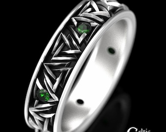 Emerald Viking Wedding Ring, Sterling Viking Wedding Band, Silver Emerald Viking Ring, Valknut Ring, Viking Wedding Ring, Silver Viking 1376