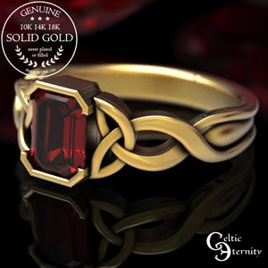 Anillo de oro con rubí celta, anillo de compromiso con corte esmeralda, anillo celta de oro, anillo de compromiso celta, anillo solitario de rubí, solitario de platino, 401