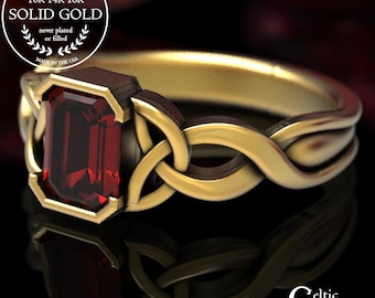 Celtic Ruby Gold Ring, Emerald Cut Engagement Ring, Gold Celtic Ring, Celtic Engagement Ring, Ruby Solitaire Ring, Platinum Solitaire, 401