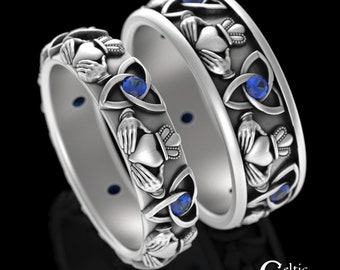 Sapphire & Sterling Matching Claddagh Heart Crown Rings, Scottish Crown Wedding Ring Set, Sapphire Celtic Trinity Knotwork Rings, 3162 3079