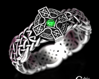 Emerald Cross Ring, Sterling Silver Cross Ring, Silver Irish Cross Ring, Celtic Cross Wedding Band, Sterling Celtic Emerald Ring, 1930