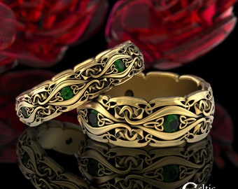 Emerald & Gold Mushroom Rings, 14K Matching Celtic Rings, Matching Celtic Wedding Bands, 10K Emerald Ring Set, 14K Celtic Ring Set 1378 1535