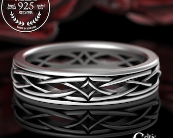 Sterling Men's Celtic Diamond Knotwork Wedding Band, Silver Scottish Groom Interwoven Ring, Woven Irish Lightweight Ring, 2085