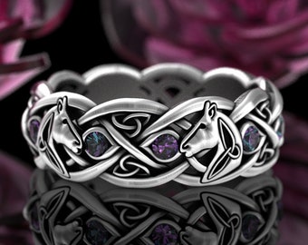 Alexandrite Celtic Horse Ring, Silver Horse Ring, Sterling Horse Wedding Ring, Stallion Ring, Horse Jewelry, Womens Silver Irish Ring, 3113