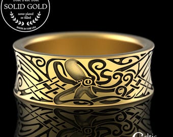 10K Octopus Ring, Gold Celtic Octopus Ring, 14K Celtic Mens Wedding Band, 14K Octopus Wedding Ring, Gold Octopus Jewelry, 18K Octopus, 1786