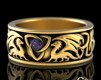 10K Gold Dragon Wedding Band, Alexandrite Mens Wedding Ring, 14K Gold Irish Dragon Ring, Viking Dragon Ring, Alexandrite Norse Ring,3052