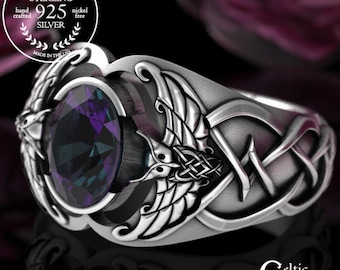 Mens Owl Alexandrite Ring, Sterling Silver Viking Owl Ring, Mens Viking Wedding Ring, Alexandrite Statement Ring, Owl Wedding Band, 3057