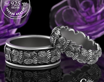 Matching Scottish Highlands Thistle Wedding Set, Sterling Celtic Bride & Groom Rings, Handmade Irish Marriage Anniversary Bands, 1785 4066
