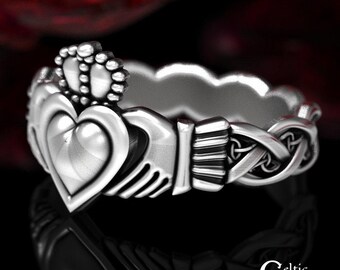 Sterling Silver Claddagh Ring, Modern Claddagh Wedding Ring, Celtic Knot Silver Heart Ring, Irish Love Ring, Claddagh Wedding Ring, 1543