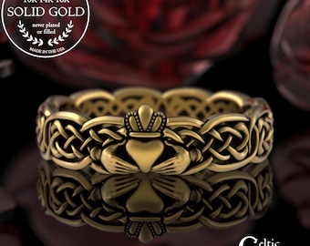 Gold Intricate Woven Claddagh Ring, 10K 14K Womens Heart Crown Celtic Wedding Band, Platinum Bridal Handfasting Scottish Wedding Ring, 3220