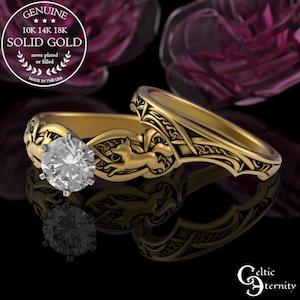 Gold Celtic Fox Women&#39;s Ring Set, 18K Foxes Proposal Rings, Platinum Baby Fox Wedding Set, Fitted 14K Gold Bride Celtic Ring Set, 3071 1971