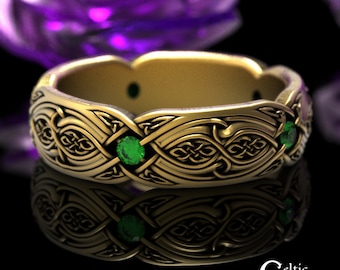 Womens Emerald Celtic Band, 10K Gold Emerald Ring, 14K Gold Emerald Wedding Ring, Womens 14K Gold Irish Ring, 18K Celtic Wedding Ring, 1816
