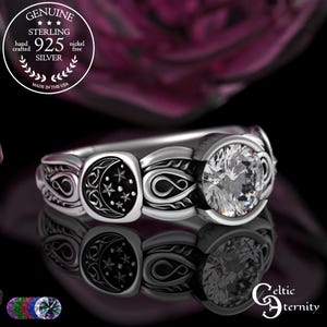 Celestial Bride Solitaire Ring, Sterling Crescent Moon & Stars Wedding Ring, Diamond Night Sky Marriage, Silver Constellation Jewelry, 3290