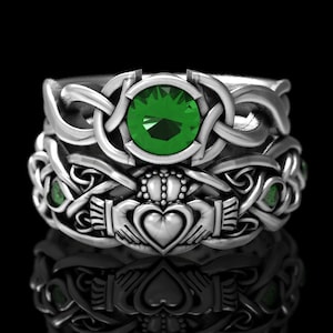 Celtic Bridal Set, Silver Emerald Celtic Engagement Ring, Matching Engagement Set, Irish Engagement Set, Claddagh Ring Set 1686 405