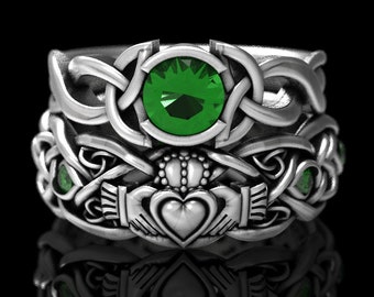 Celtic Bridal Set, Silver Emerald Celtic Engagement Ring, Matching Engagement Set, Irish Engagement Set, Claddagh Ring Set 1686 405