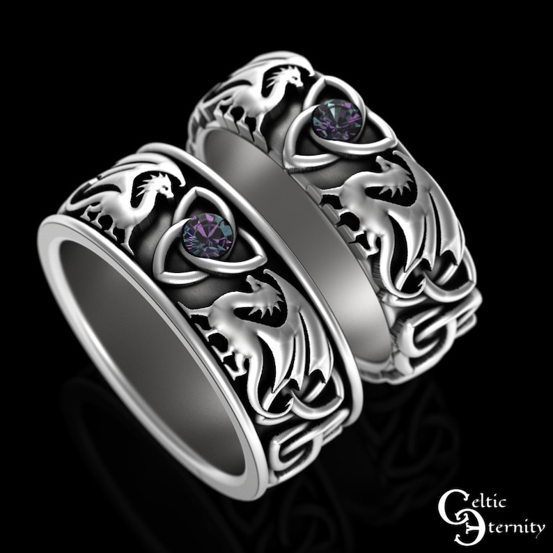 Alexandrite His Hers Dragon Wedding Ring Set, Sterling Matching Norse ...