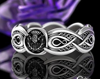 Classic Scottish Wedding Band, Sterling Silver Thistle Wedding Ring, Womens Celtic Wedding Band, Silver Celtic Infinity Wedding Ring, 3033