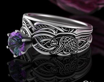 Bear Stacking Engagement Ring Set, Alexandrite Matching Sterling Wedding Set, Womans Bear Knotwork Irish Celtic Wedding Set, 3176 1971