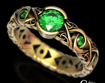 Celtic Gold Wedding Ring With Emeralds, Infinity Wedding Ring, Emerald Engagement Ring, Celtic Wedding Ring, Gold Celtic Engagement, 1741