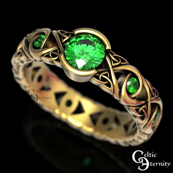 Celtic Gold Wedding Ring With Emeralds, Infinity Wedding Ring