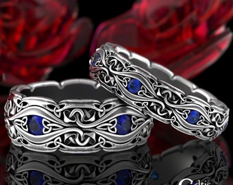 Sterling Mushroom Rings, Matching Sapphire Celtic Rings, Matching Celtic Wedding Bands, Silver Couples Ring Set, Celtic Ring Set, 1378 1535