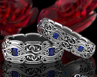 Sterling Mushroom Rings, Matching Sapphire Celtic Rings, Matching Celtic Wedding Bands, Silver Couples Ring Set, Celtic Ring Set, 1378 1535