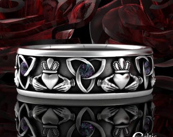 Alexandrite Claddagh Ring, Sterling Claddagh Wedding Band, Irish Silver Heart Ring, Crown Marriage Ring, Scottish Handfasting Ring, 3079