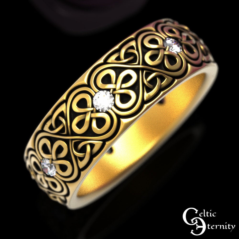Moissanite Gold Irish Wedding Ring, Moissanite Celtic Ring, Gold Mens Wedding Band, Welsh Mens