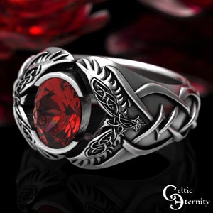 Sterling Viking Raven Ring, Silver Ruby Celtic Ring, Odin Raven Ring, Men Viking Ring, Celtic Wedding Band, Norse Ring, Statement Ring, 1477