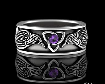 Amethyst Raven Viking Wedding Band, Mens Silver Amethyst Nordic Ring, Sterling Norse Wedding Ring, Odin Ravens Ring, Bird Crow Ring, 3175