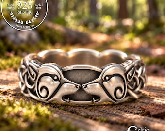 Sterling Silver Wolf Ring, Geri & Freki Ring, Shadow Fang Ring, Norse Wolves Wedding Band, Celtic Knot Wolfkin Union Ring, 1307