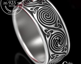Mushroom Spiral Wedding Ring With Celtic Design and Triquetra in Sterling Silver, Mushroom Wedding Band, Silver Mushroom Ring, 1723