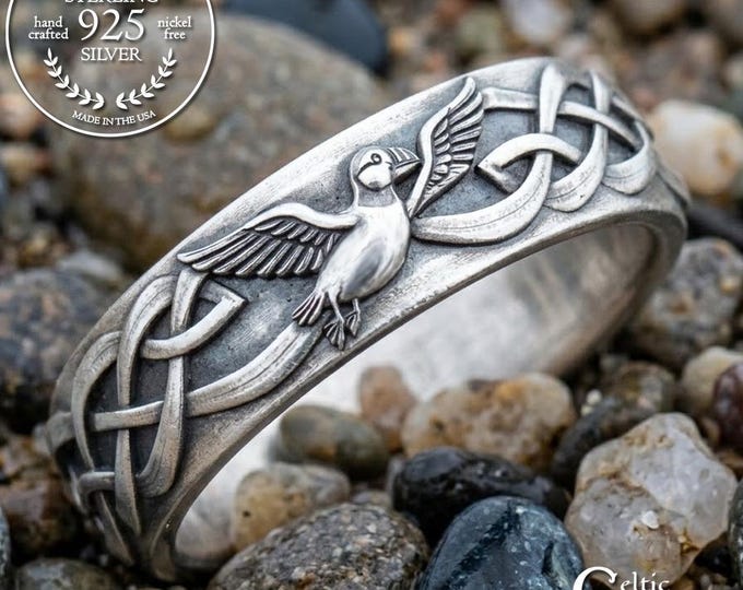 Featured listing image: Sterling Puffin Ring, Sea Parrot Wedding Band, Silver Seashore Bird Jewelry, Coastal Ring, 2117
