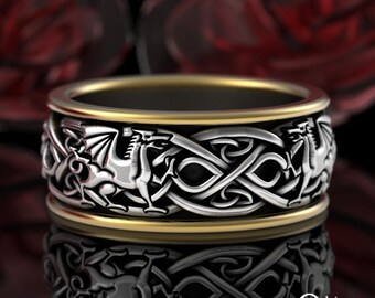 Scottish Dragon 2tone Ring, Mens Sterling & 10K Gold Wyvern Wedding Band, Silver Gold Celtic Knotwork Wedding Ring, Viking Groom Ring, 4032
