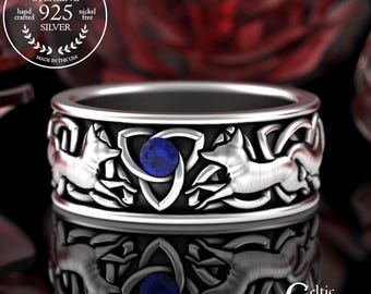 Sapphire Fox Wedding Ring, Sterling Men's Wide Engagement Ring, Silver Celtic Groom Marriage Band, Lucky Fox Ring, Spirit Animal Ring, 3250