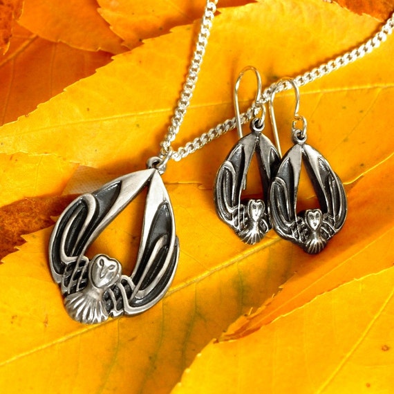 Silver Owl Necklace & Earring Set, Celtic Owl Pendant, Sterling Owl Earrings, Barn Owl Jewelry, Art Nouveau Owl Jewelry, Owl Lover Gift