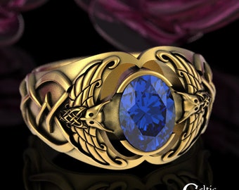 Mens Gold Viking Owl Ring, Sapphire 10K Statement Ring, 14K Mens Celtic Owl Wedding Ring, Sapphire Gold Owl Ring, Mens Engagement Ring, 3057
